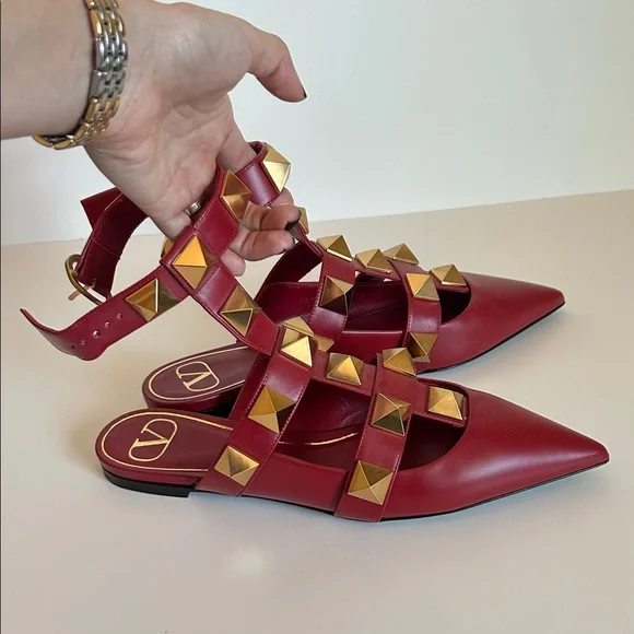 Valentino Garavani Red Pointed Rockstud Triple-Strap Flats - Picture 1 of 4
